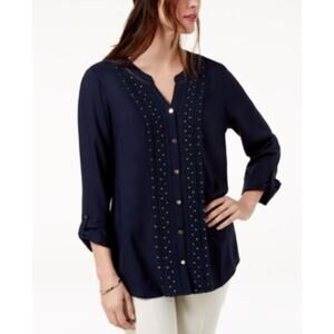 JM Collection Womens V-Neck Roll Tab Sleeve Crochet Button Front Top Blue XL $50